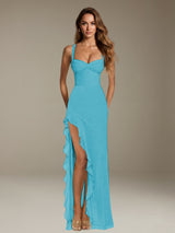Free Shipping Sheath Sleeveless Chiffon Ruffles Long Prom Dress with Side Slit