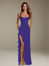 Free Shipping Sheath Sleeveless Chiffon Ruffles Long Prom Dress with Side Slit