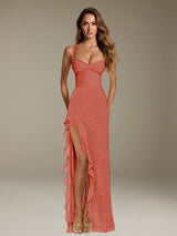 Free Shipping Sheath Sleeveless Chiffon Ruffles Long Prom Dress with Side Slit