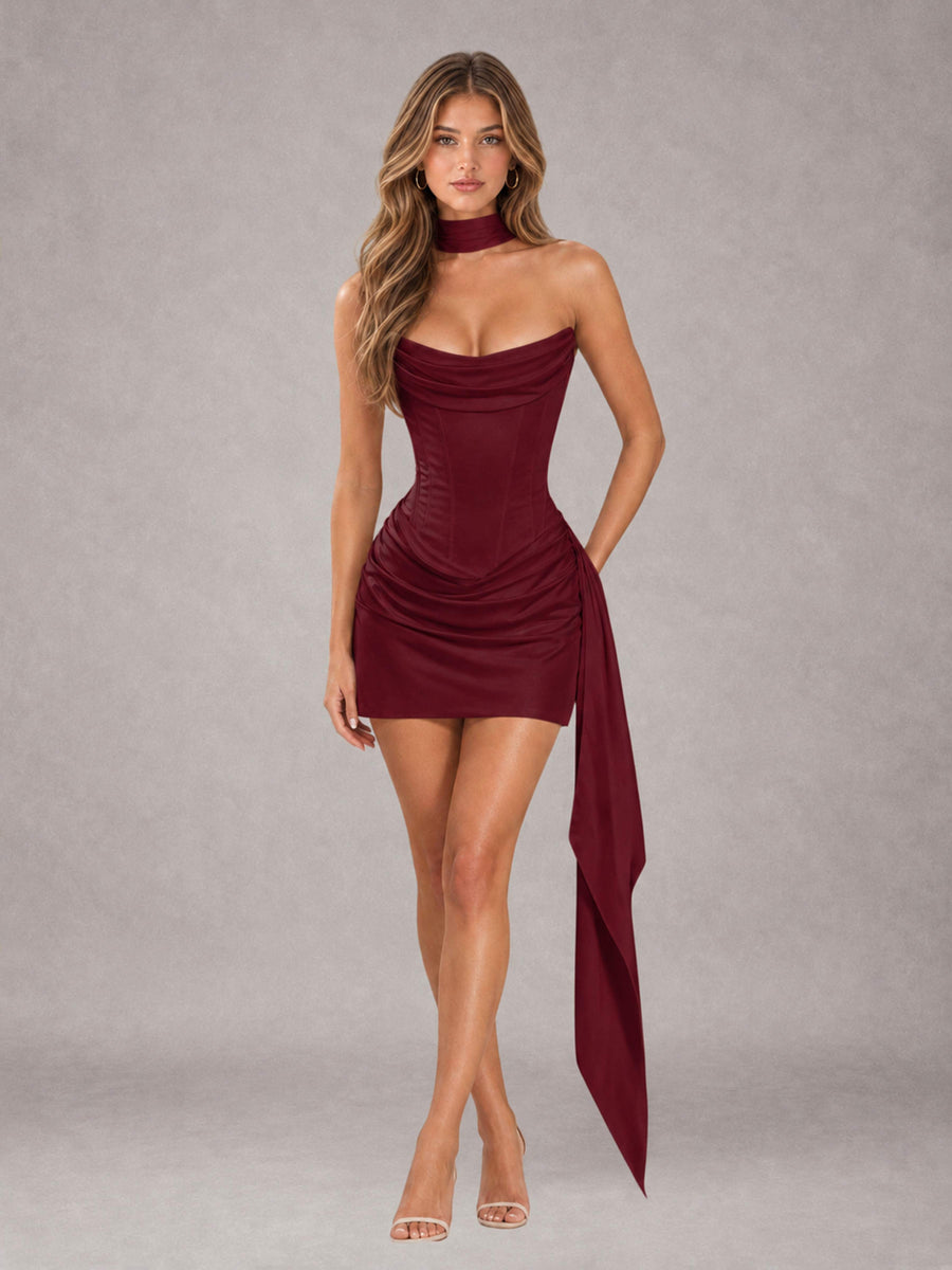 Burgundy Sheath Strapless Sleeveless Mini 2 Piece Homecoming Dress with Neck Scarf & Pleated