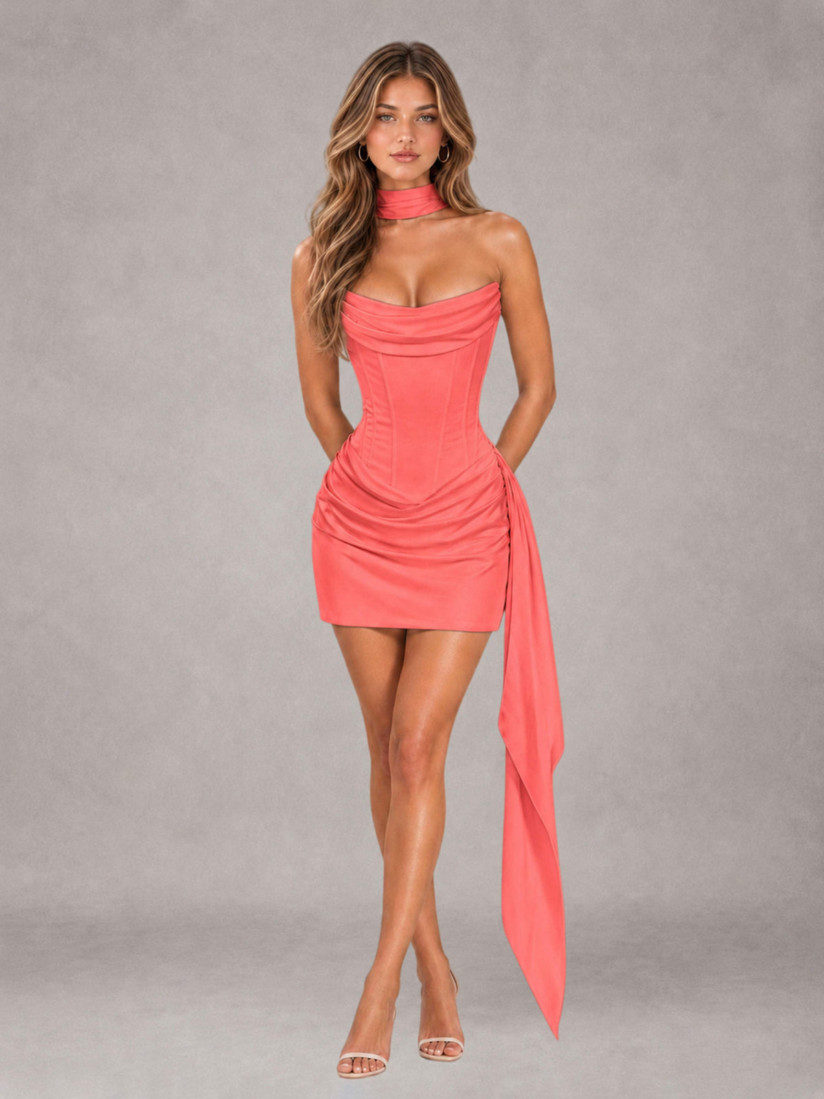 Coral Sheath Strapless Sleeveless Mini 2 Piece Homecoming Dress with Neck Scarf & Pleated