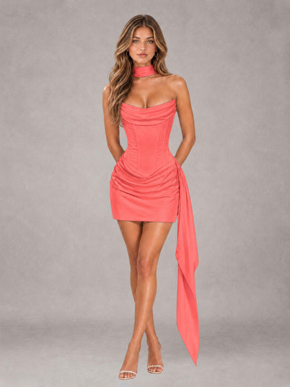 Coral Sheath Strapless Sleeveless Mini 2 Piece Homecoming Dress with Neck Scarf & Pleated