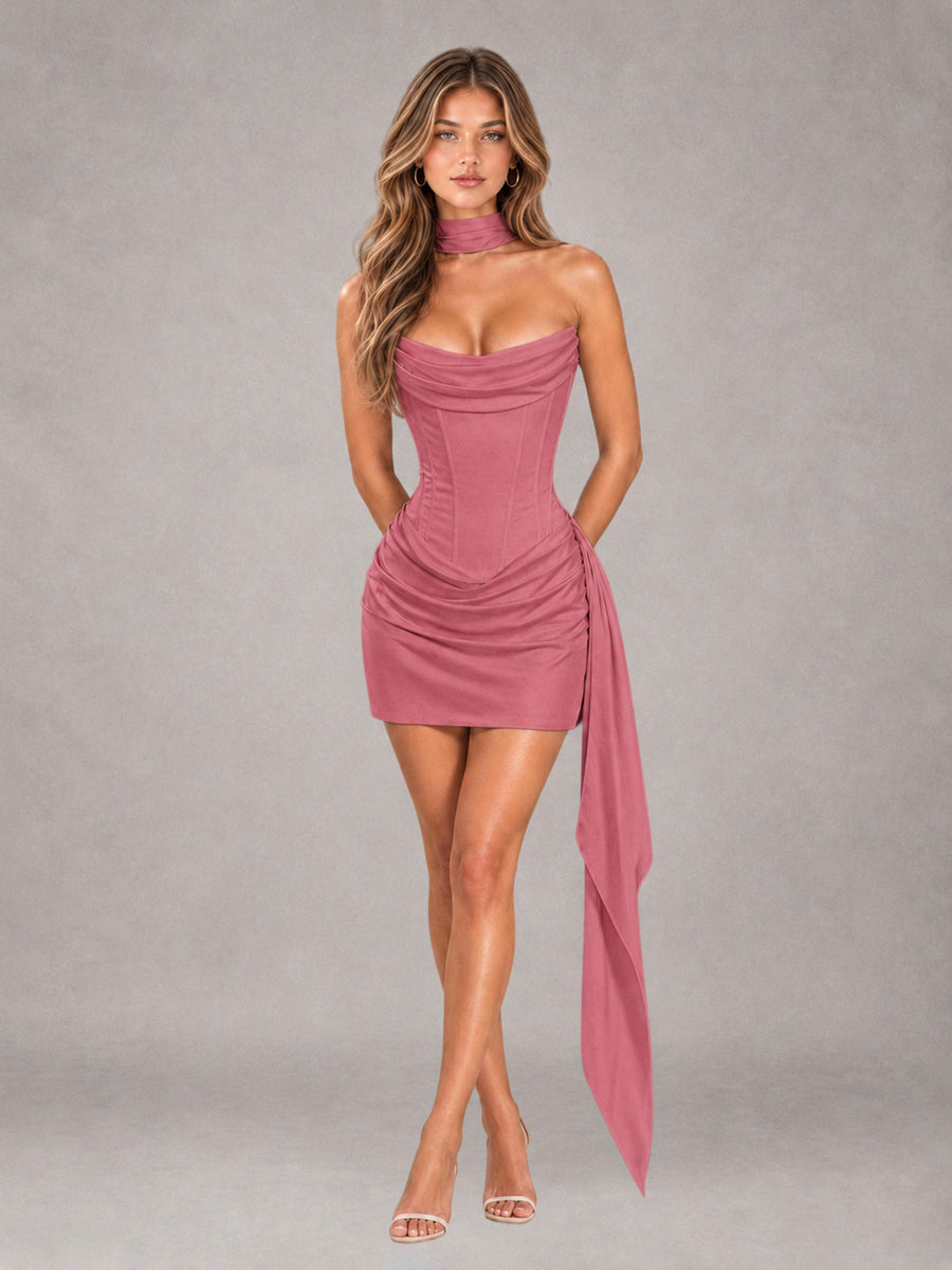 Desert Rose Sheath Strapless Sleeveless Mini 2 Piece Homecoming Dress with Neck Scarf & Pleated