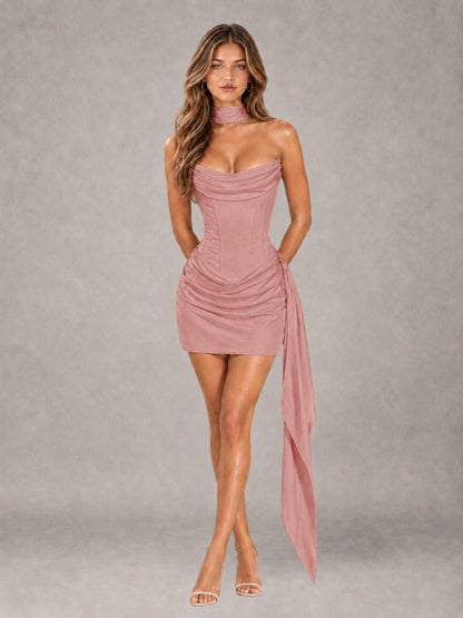 Dusty Rose Sheath Strapless Sleeveless Mini 2 Piece Homecoming Dress with Neck Scarf & Pleated