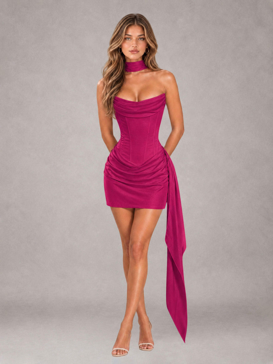 Fuchsia Sheath Strapless Sleeveless Mini 2 Piece Homecoming Dress with Neck Scarf & Pleated