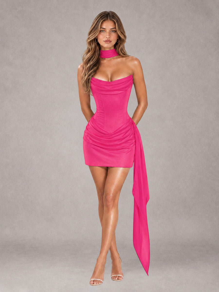 Hot Pink Sheath Strapless Sleeveless Mini 2 Piece Homecoming Dress with Neck Scarf & Pleated