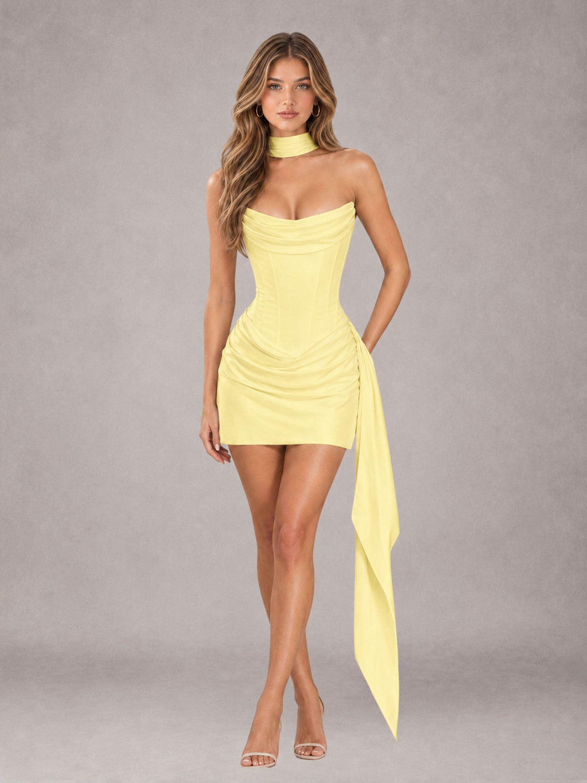 Light Yellow Sheath Strapless Sleeveless Mini 2 Piece Homecoming Dress with Neck Scarf & Pleated