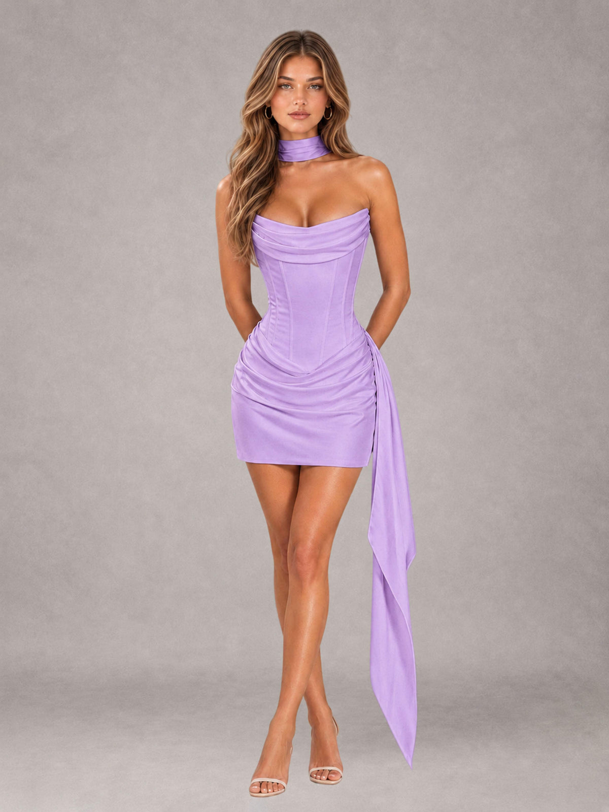 Lilac Sheath Strapless Sleeveless Mini 2 Piece Homecoming Dress with Neck Scarf & Pleated