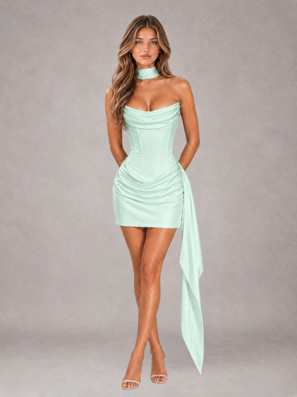 Mint Green Sheath Strapless Sleeveless Mini 2 Piece Homecoming Dress with Neck Scarf & Pleated