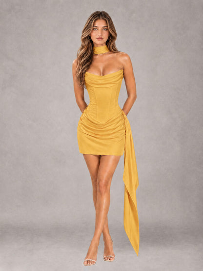 Mustard Yellow Sheath Strapless Sleeveless Mini 2 Piece Homecoming Dress with Neck Scarf & Pleated