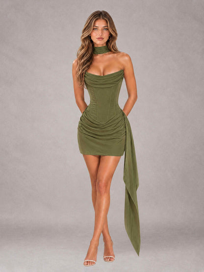 Olive Green Sheath Strapless Sleeveless Mini 2 Piece Homecoming Dress with Neck Scarf & Pleated
