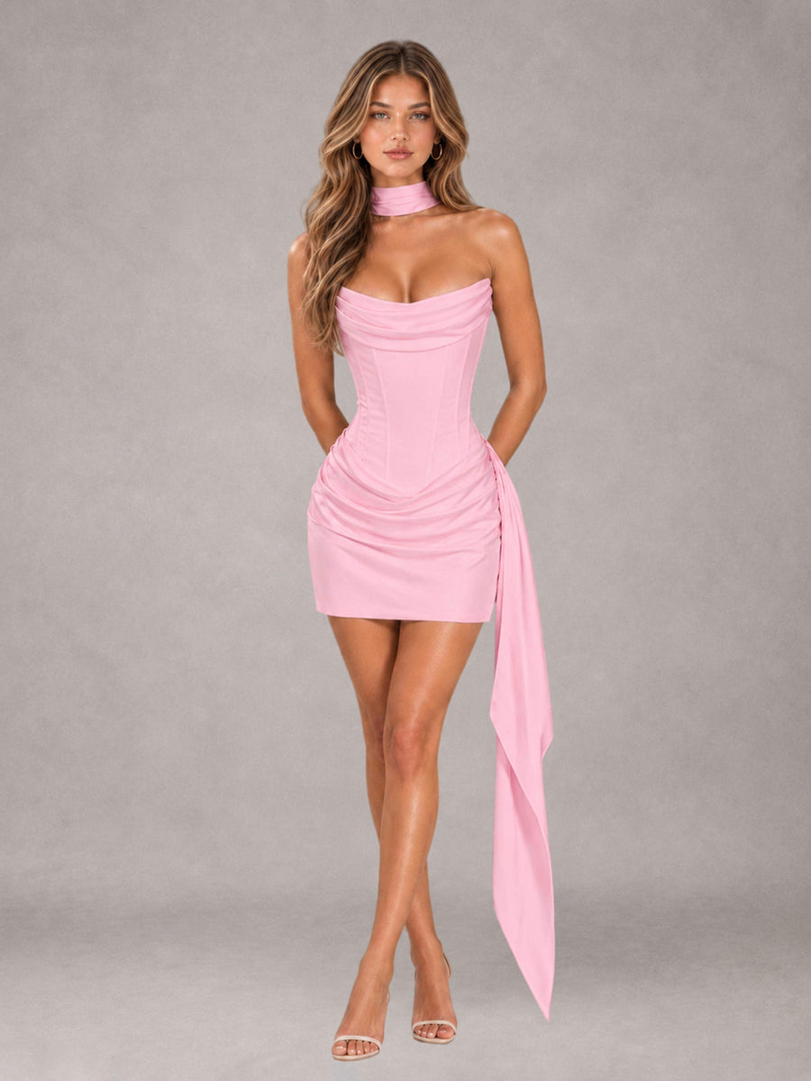 Pink Sheath Strapless Sleeveless Mini 2 Piece Homecoming Dress with Neck Scarf & Pleated