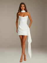 Free Shipping Sheath Strapless Sleeveless Mini 2 Piece Prom Dress with Neck Scarf & Pleated