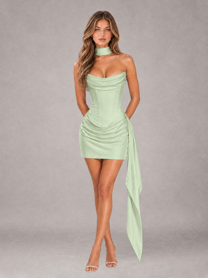 Sage Green Sheath Strapless Sleeveless Mini 2 Piece Homecoming Dress with Neck Scarf & Pleated