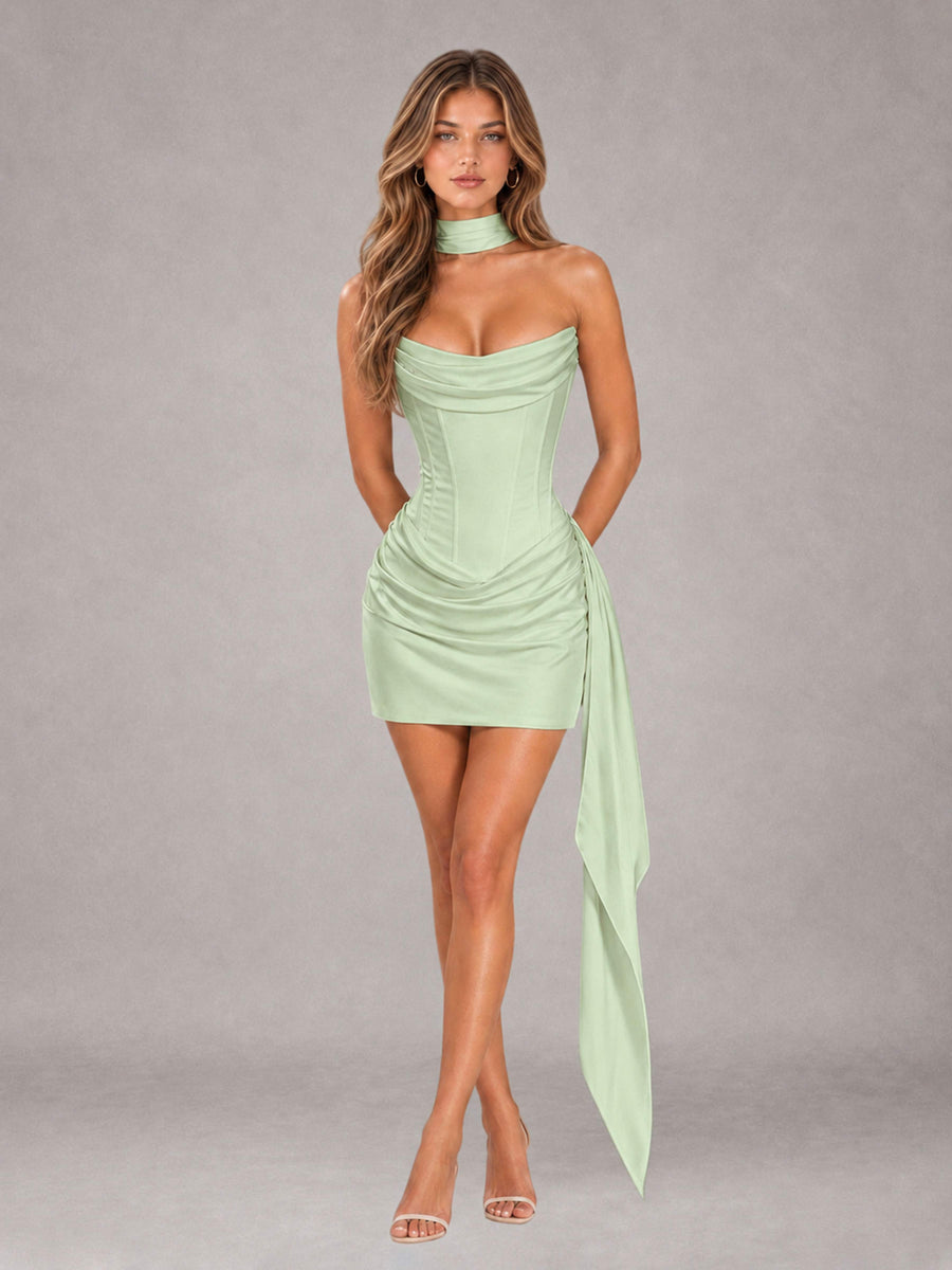 Sage Green Sheath Strapless Sleeveless Mini 2 Piece Homecoming Dress with Neck Scarf & Pleated