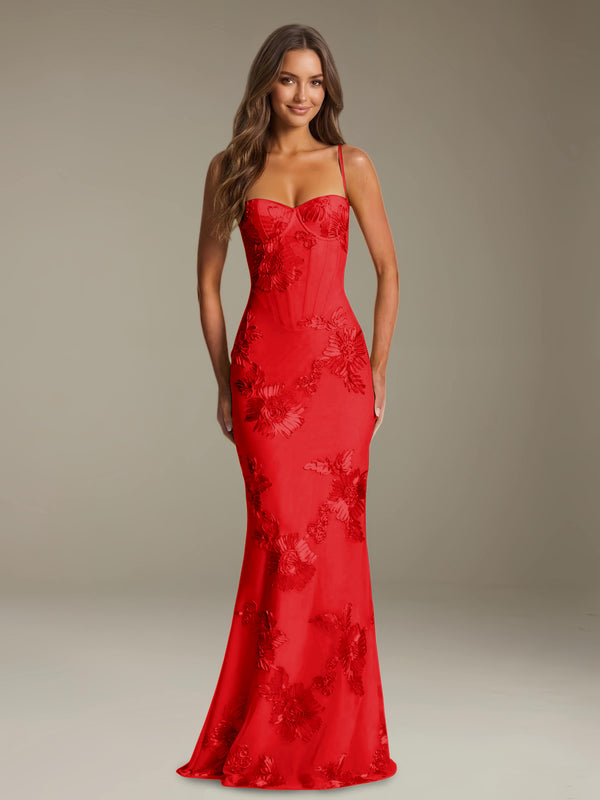 Red Free Shipping Sheath Sweetheart Spaghetti Straps Flroal Bridesmaid Dress
