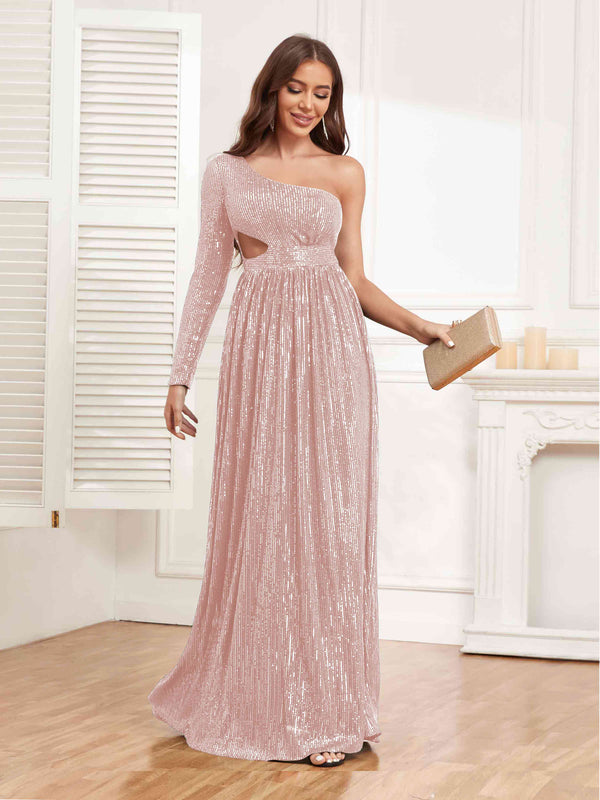 Blushing Pink Shining One Shoulder Long Sleeve Cutout Waist Sequins Party Dresses