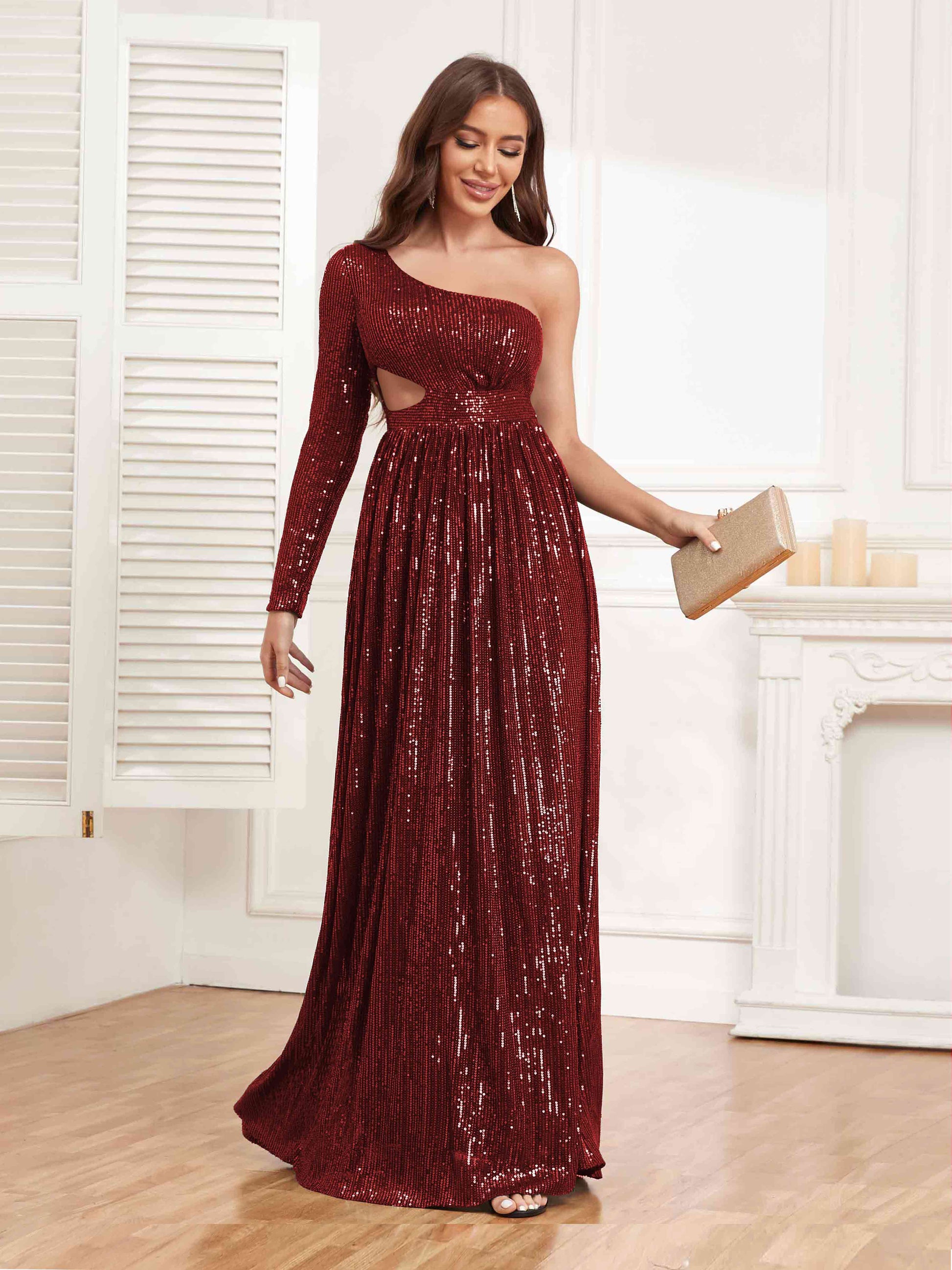 Shining One Shoulder Long Sleeve Cutout Waist Sequins Party Dresses mollyevers.com Shining One Shoulder Long Sleeve Cutout Waist Sequins Party Dresses mollyevers.com