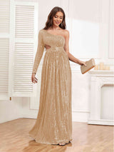Shining One Shoulder Long Sleeve Cutout Waist Sequins Party Dresses