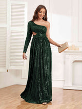 Shining One Shoulder Long Sleeve Cutout Waist Sequins Party Dresses