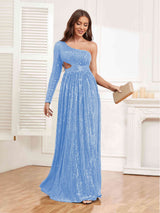 Shining One Shoulder Long Sleeve Cutout Waist Sequins Party Dresses