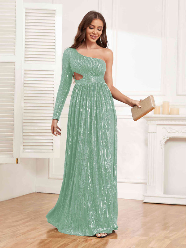 Mint Green Shining One Shoulder Long Sleeve Cutout Waist Sequins Party Dresses