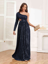 Shining One Shoulder Long Sleeve Cutout Waist Sequins Party Dresses