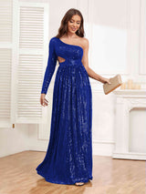 Shining One Shoulder Long Sleeve Cutout Waist Sequins Party Dresses