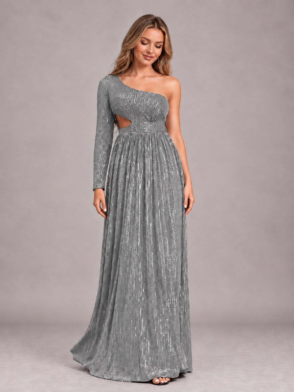 Grey Shining One Shoulder Long Sleeve Cutout Waist Sequins Bridesmaid Dress