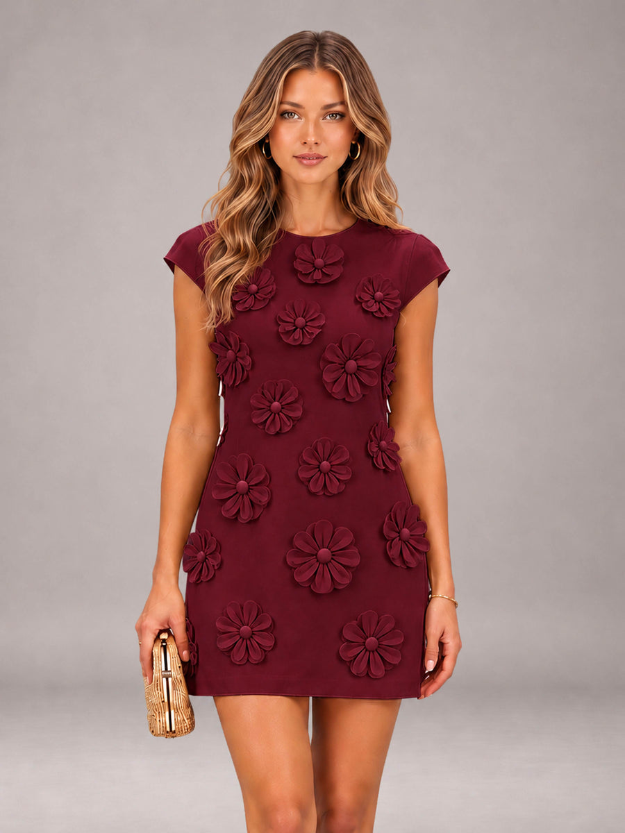 Burgundy Short Sleeves Round Neck 3D Floral Mini Formal Dresses