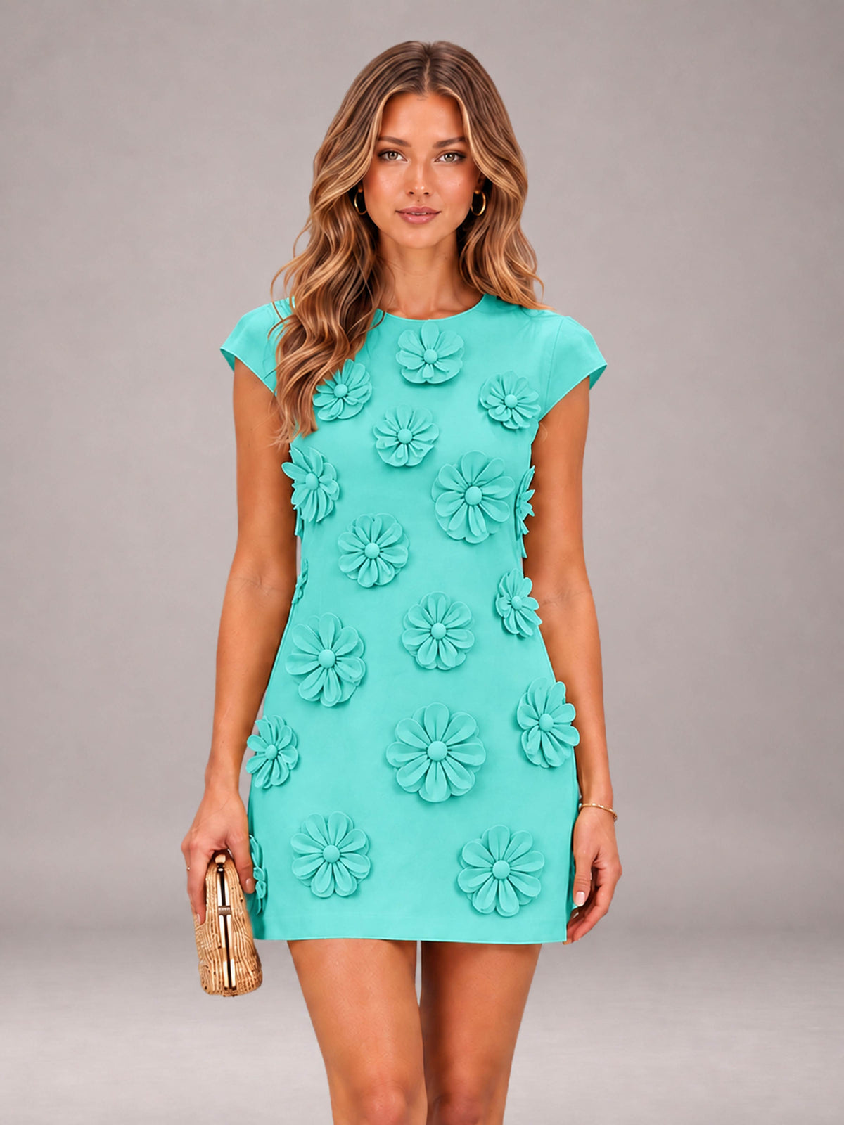 Turquoise Short Sleeves Round Neck 3D Floral Mini Formal Dresses