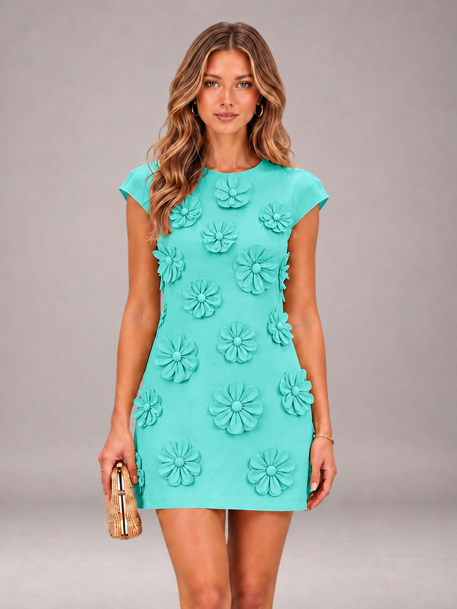 Turquoise Short Sleeves Round Neck 3D Floral Mini Formal Dresses