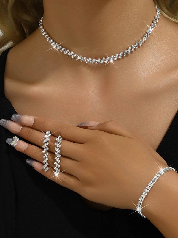 3 Set Silver Crystal Bridal Jewelry Set with Rhinestone Necklace, Earrings, Bracelet for Weddings
