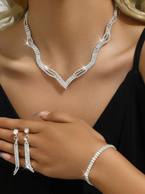 3 Set Silver Crystal Jewelry Set Necklace Earrings Bracelet Set