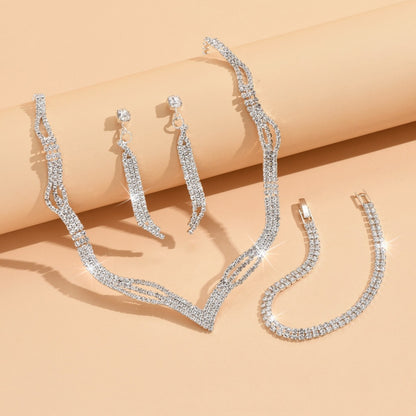 3 Set Silver Crystal Jewelry Set Necklace Earrings Bracelet Set