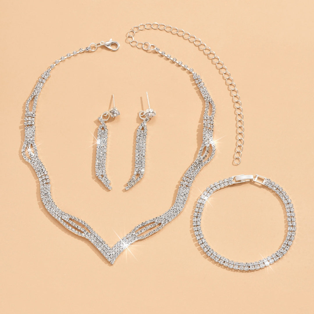3 Set Silver Crystal Jewelry Set Necklace Earrings Bracelet Set