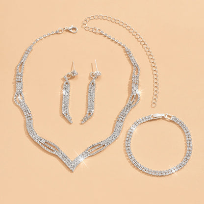 3 Set Silver Crystal Jewelry Set Necklace Earrings Bracelet Set
