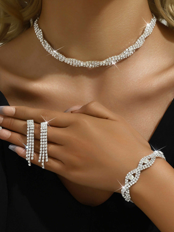 3 Set Silver Crystal Jewelry Set with Necklace, Bracelet & Eearrings Set for Wedding & Evening Wear