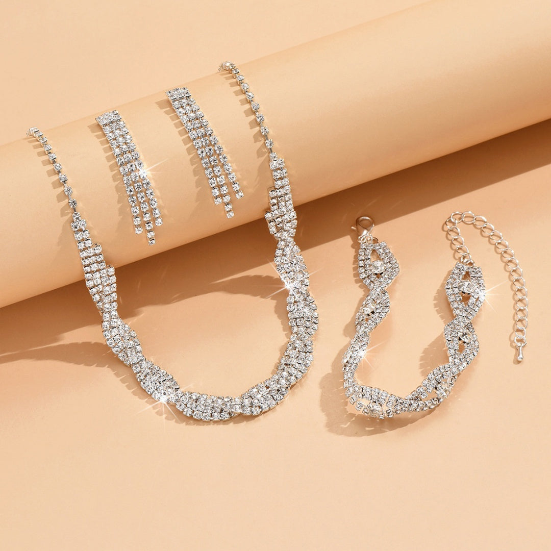 3 Set Silver Crystal Jewelry Set with Necklace, Bracelet & Eearrings Set for Wedding & Evening Wear