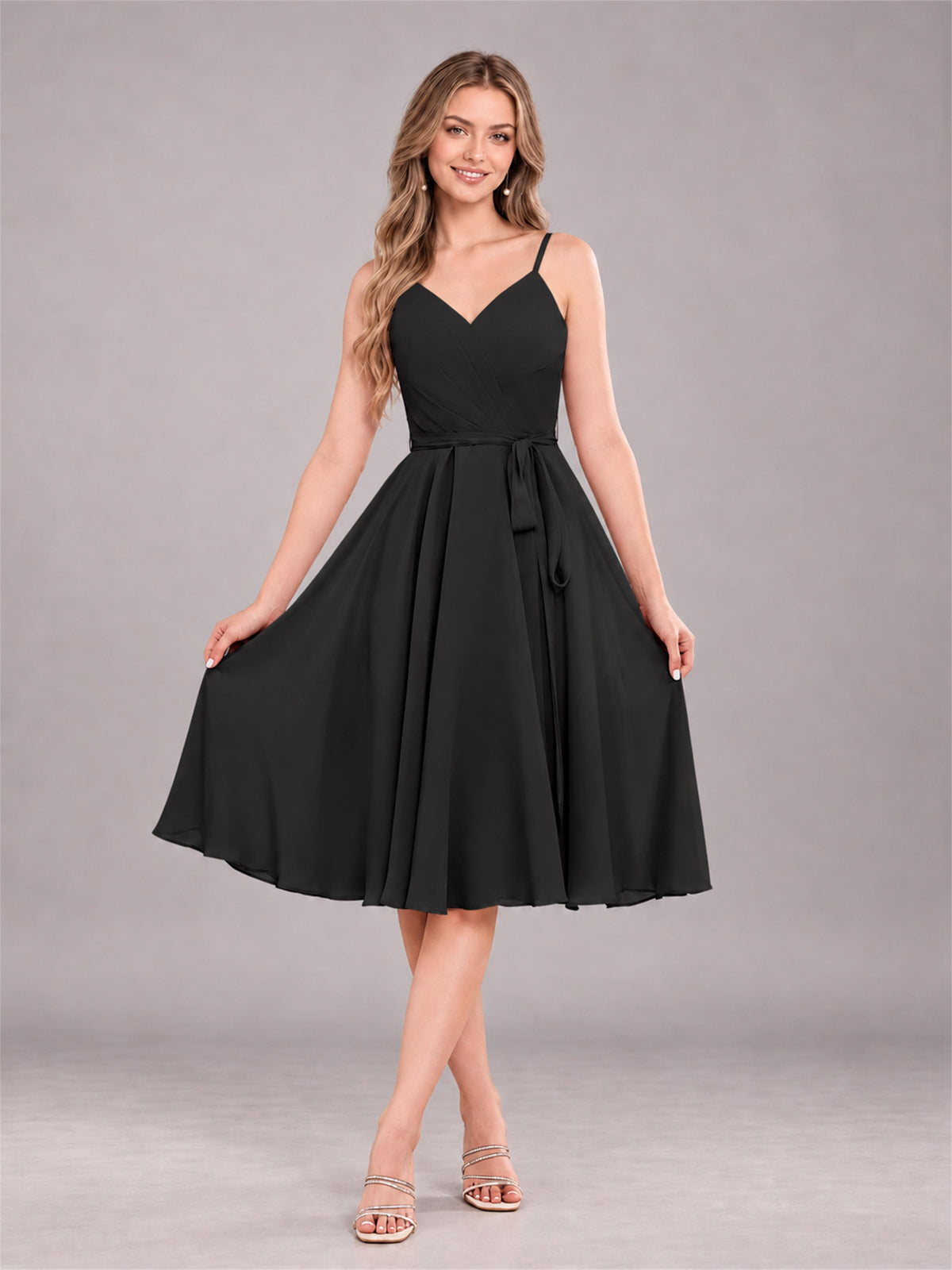 Black Simple Spaghetti Straps Knee Length Chiffon Short Bridesmaid Dress