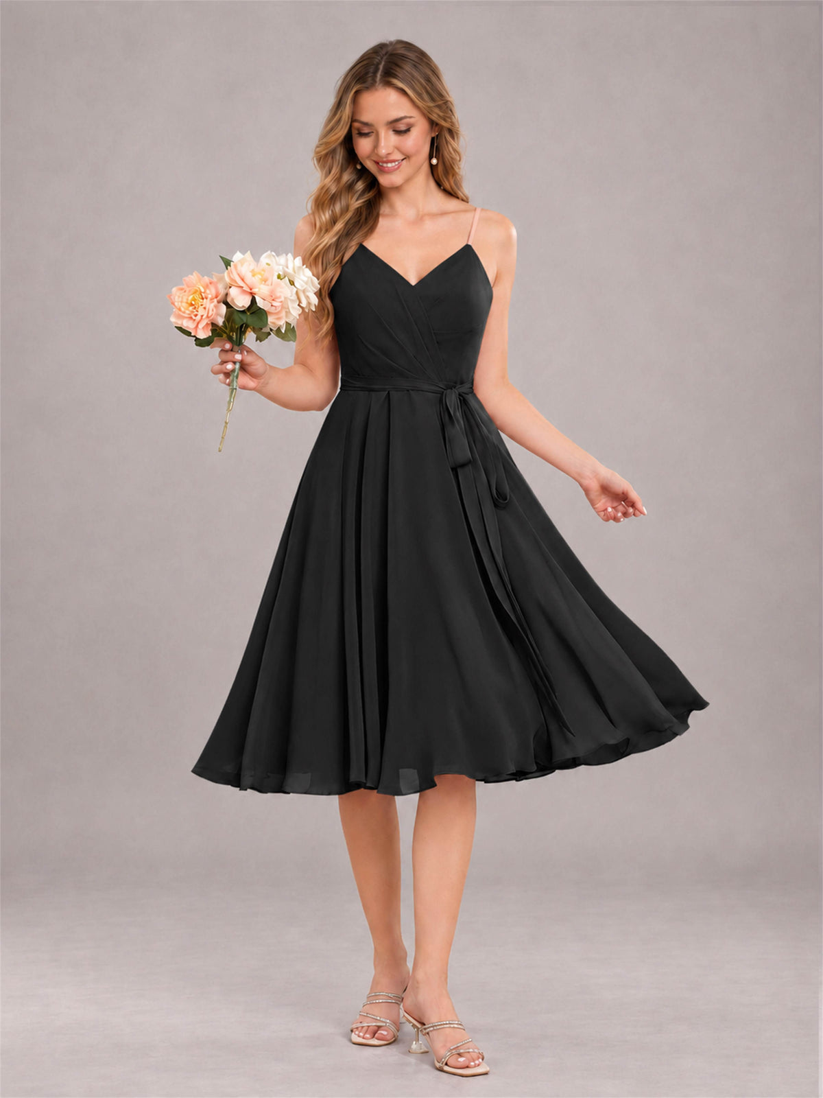 Black Simple Spaghetti Straps Knee Length Chiffon Short Bridesmaid Dress