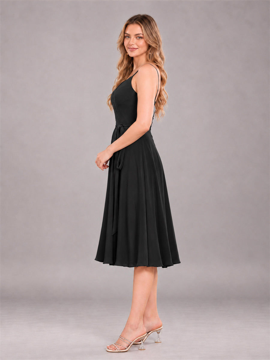 Black Simple Spaghetti Straps Knee Length Chiffon Short Bridesmaid Dress