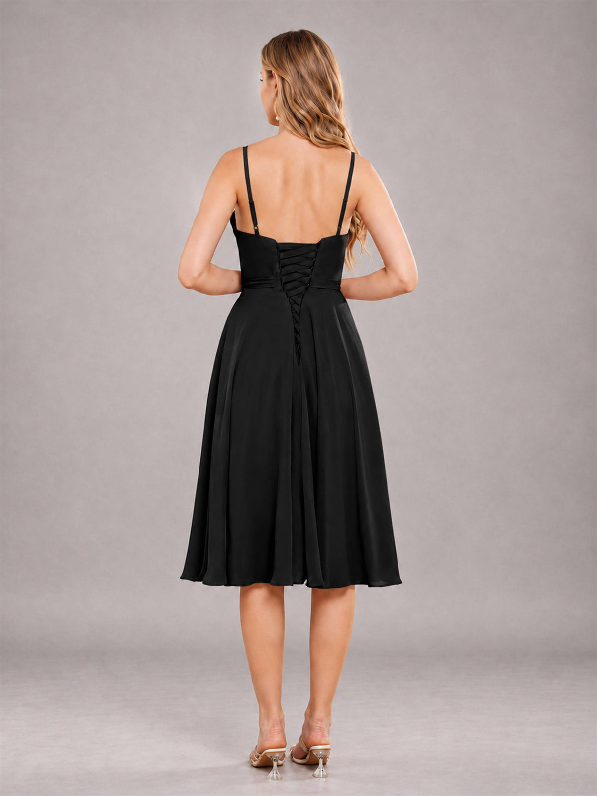 Black Simple Spaghetti Straps Knee Length Chiffon Short Bridesmaid Dress