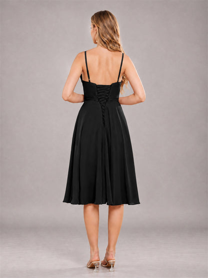 Black Simple Spaghetti Straps Knee Length Chiffon Short Bridesmaid Dress