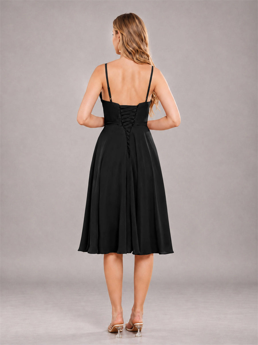 Black Simple Spaghetti Straps Knee Length Chiffon Short Bridesmaid Dress