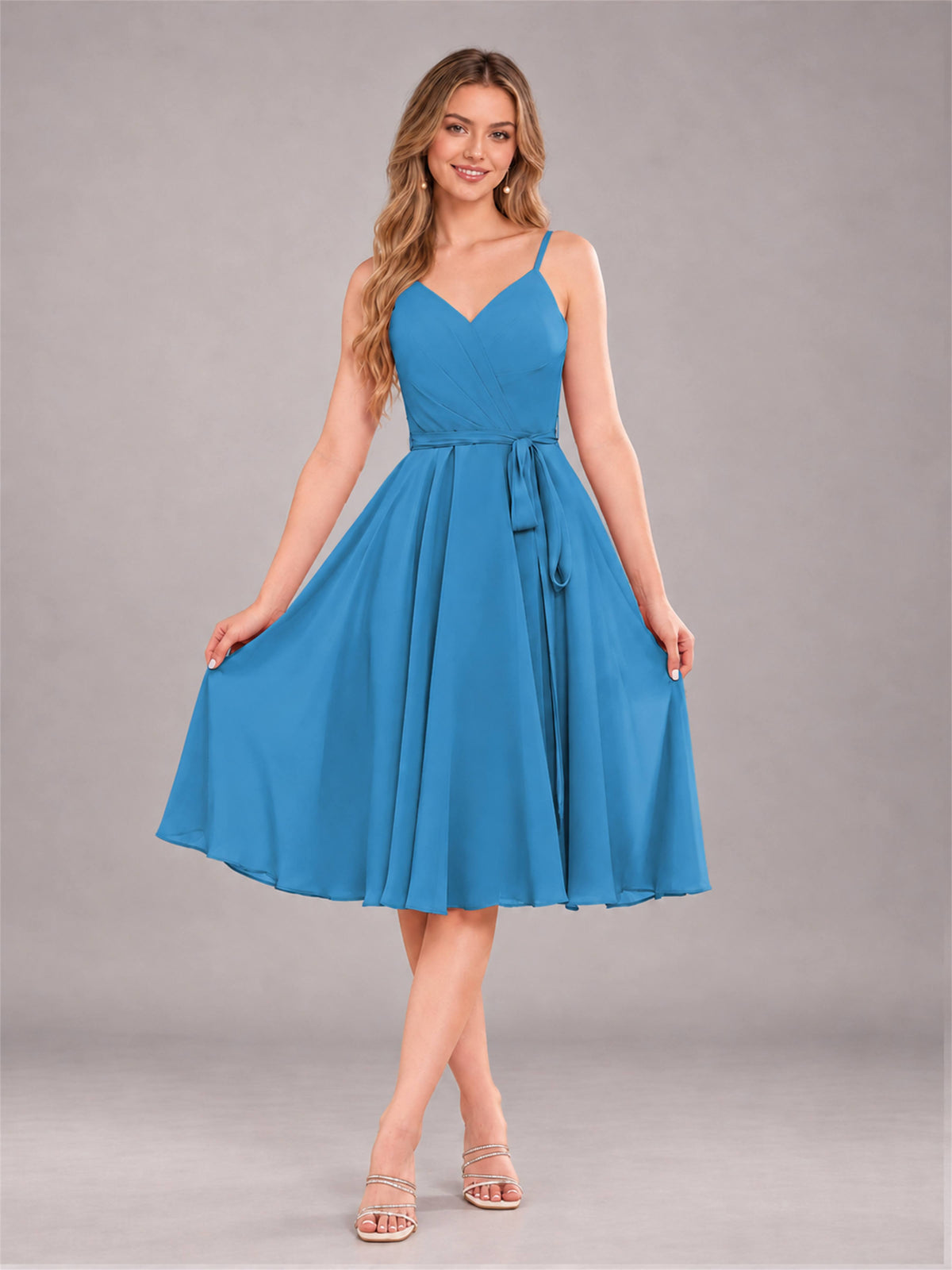Blue Simple Spaghetti Straps Knee Length Chiffon Short Bridesmaid Dress
