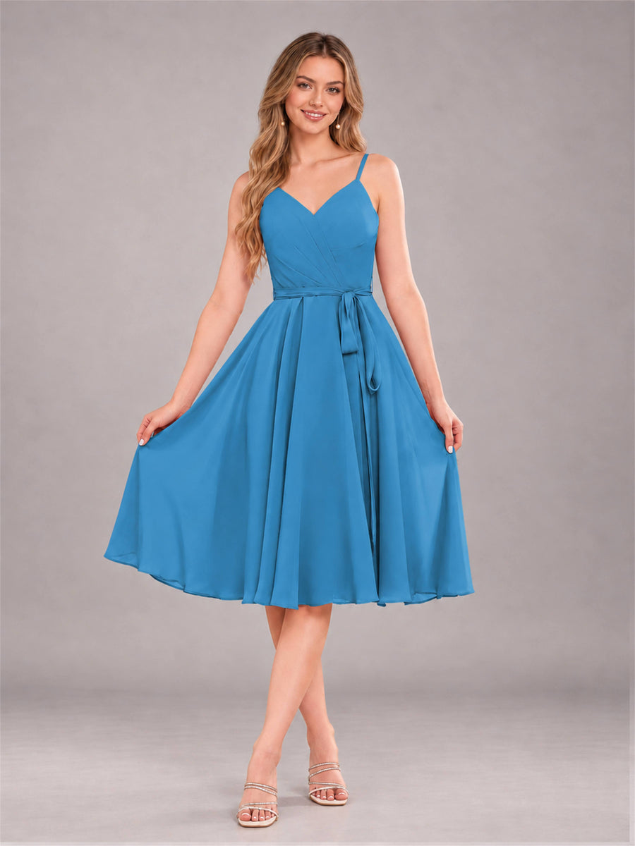 Blue Simple Spaghetti Straps Knee Length Chiffon Short Bridesmaid Dress