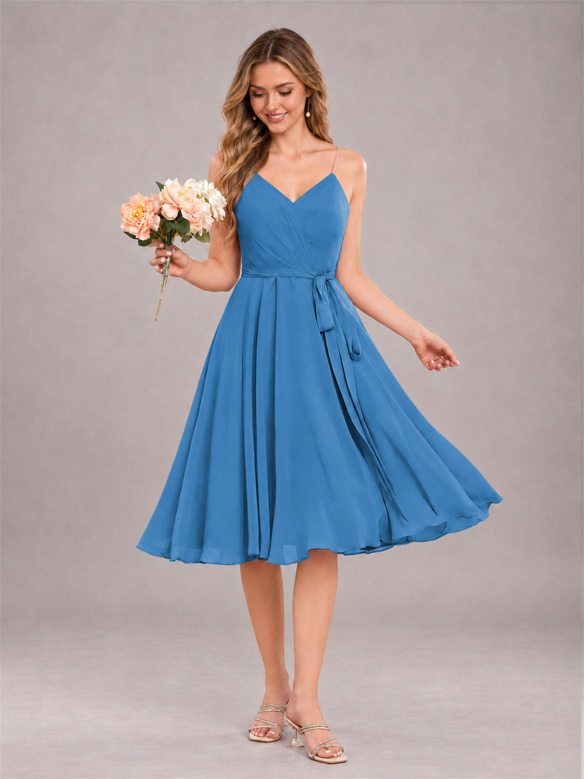 Blue Simple Spaghetti Straps Knee Length Chiffon Short Bridesmaid Dress