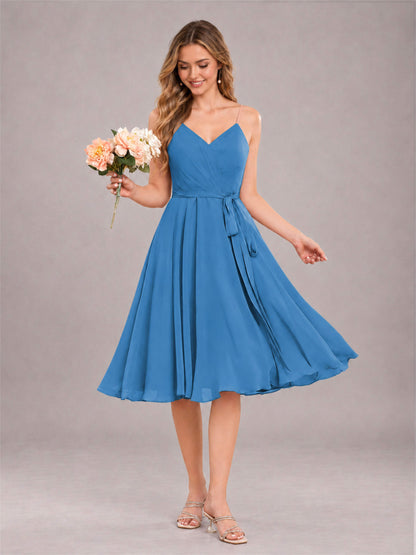 Blue Simple Spaghetti Straps Knee Length Chiffon Short Bridesmaid Dress