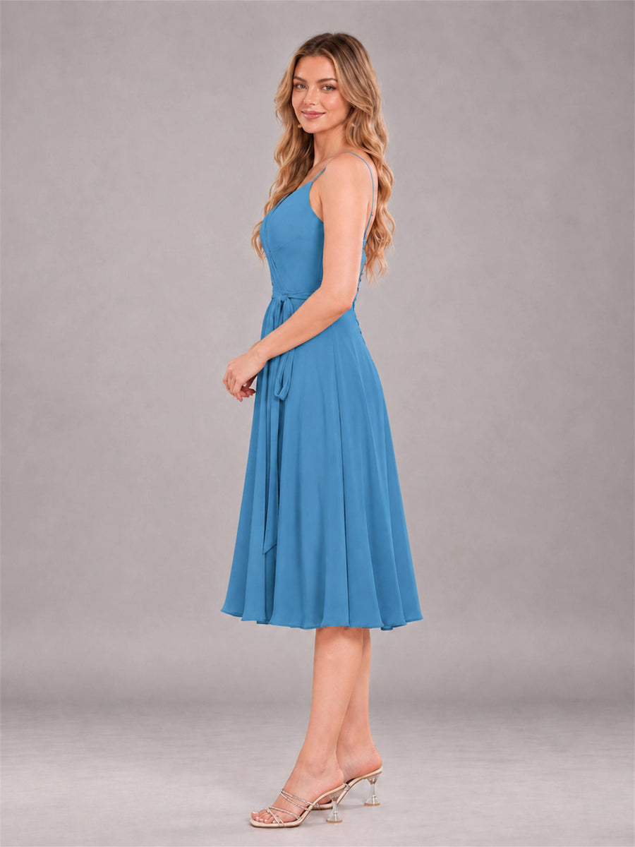 Blue Simple Spaghetti Straps Knee Length Chiffon Short Bridesmaid Dress